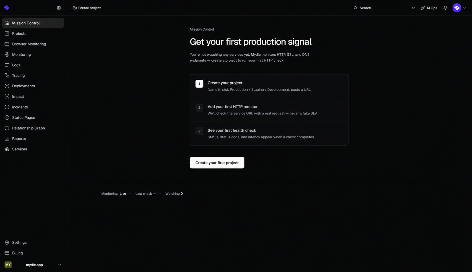 Mydle Mission Control dashboard with the first-project onboarding steps
